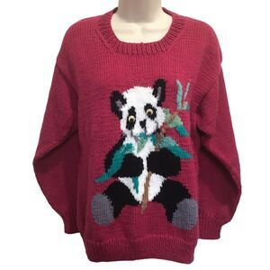 Vintage Hand Knit Panda Sweater Large Novelty Googly Eyes Quirky Retro